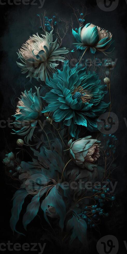 , Close up of blooming flowerbeds of amazing teal flowers on dark moody floral textured background. Vertical format. photo