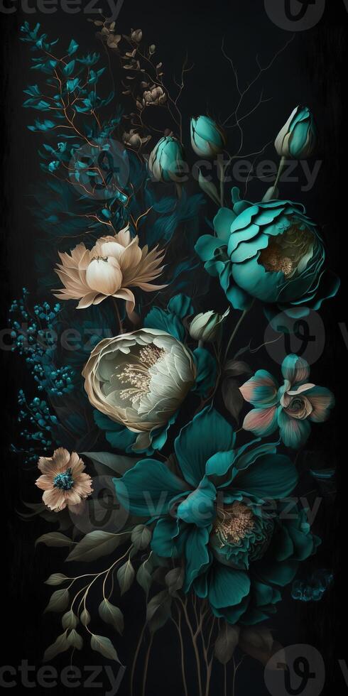 , Close up of blooming flowerbeds of amazing teal flowers on dark moody floral textured background. Vertical format. photo