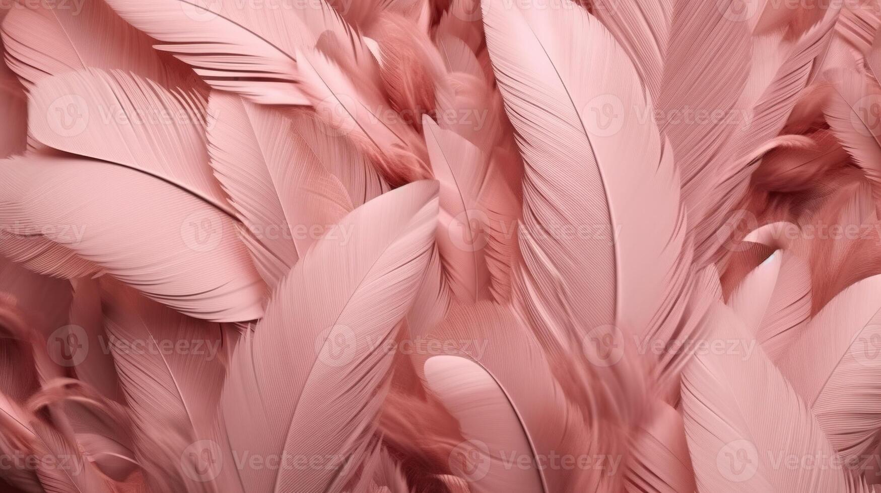 , Beautiful light pink closeup feathers, photorealistic background. Small fluffy pink feathers randomly scattered forming photo