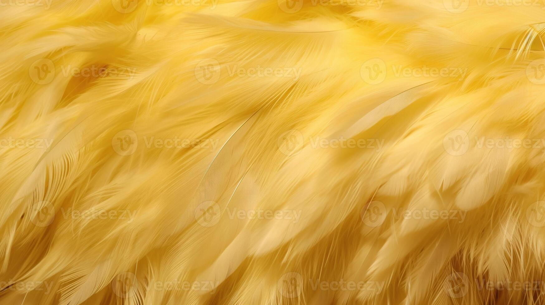 , Beautiful light yellow closeup feathers, photorealistic background. Small fluffy yellow feathers randomly scattered forming photo