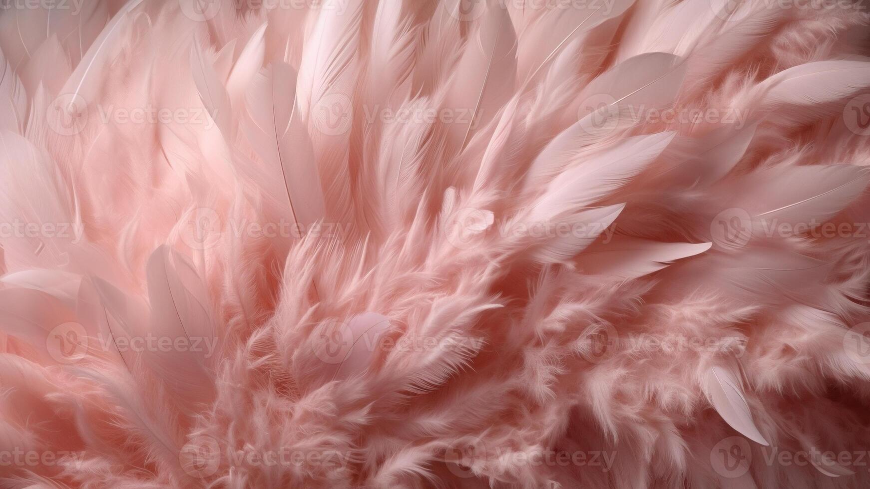 , Beautiful light pink closeup feathers, photorealistic background. Small fluffy pink feathers randomly scattered forming photo