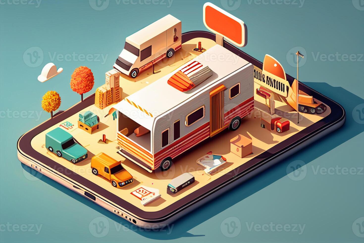 Isometric fast food truck on a yellow background. 3d illustration. photo