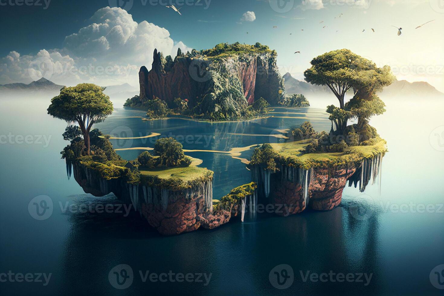 sky fantasy island, floating island with pools and trees, fairy