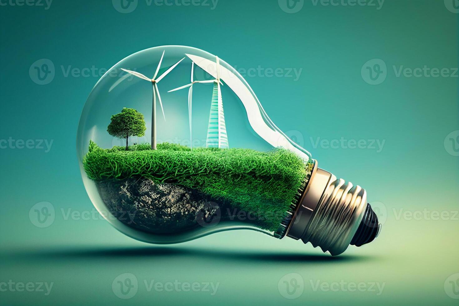 Eco energy concept with wind turbine inside light bulb on green background photo
