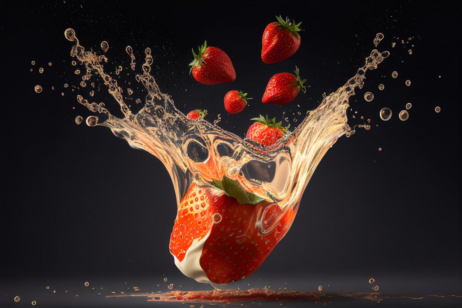 Strawberry in juice splash on black background. 3d rendering photo