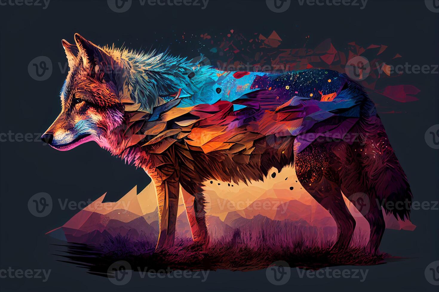 A colorful Illustration of a wolf in a polygonal style on a dark background photo