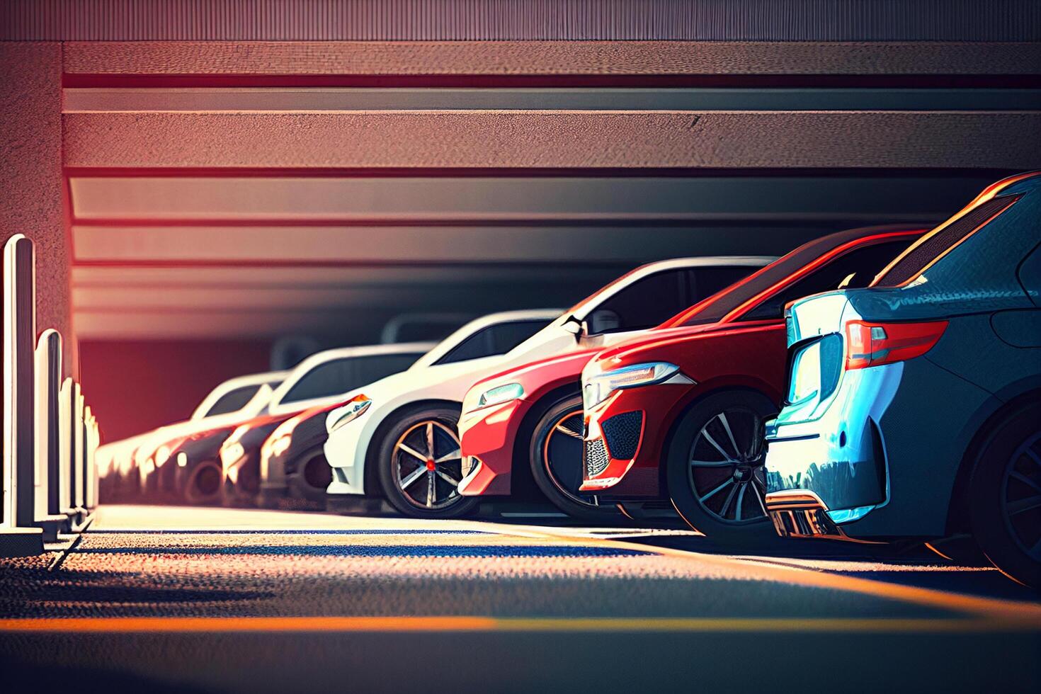 row of cars in parking lot. 3d rendering toned image photo