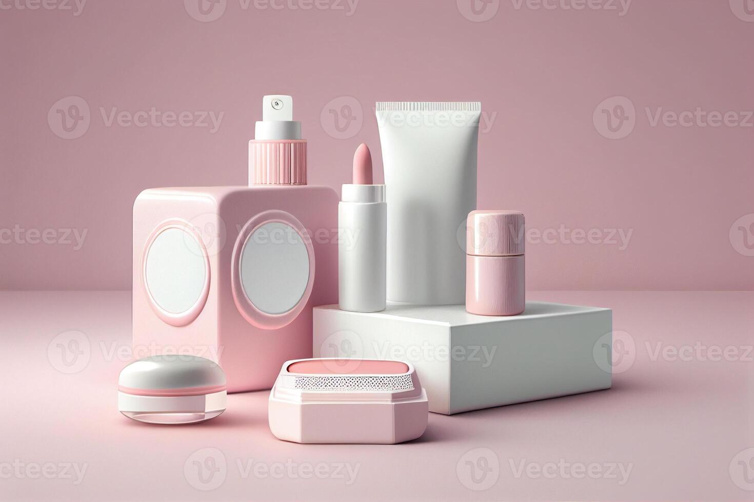 Cosmetic products on a pink background. 3d rendering mock up photo