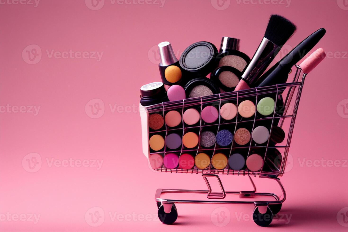 Shopping cart full of makeup products on pink background with copy space photo