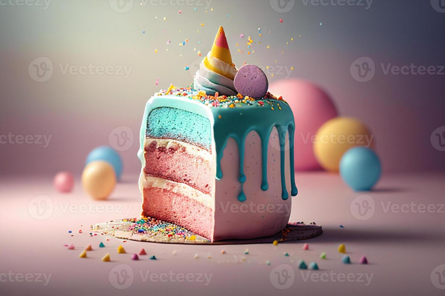 3D Birthday cake with flowers with colorful balloons, . 3d rendering photo