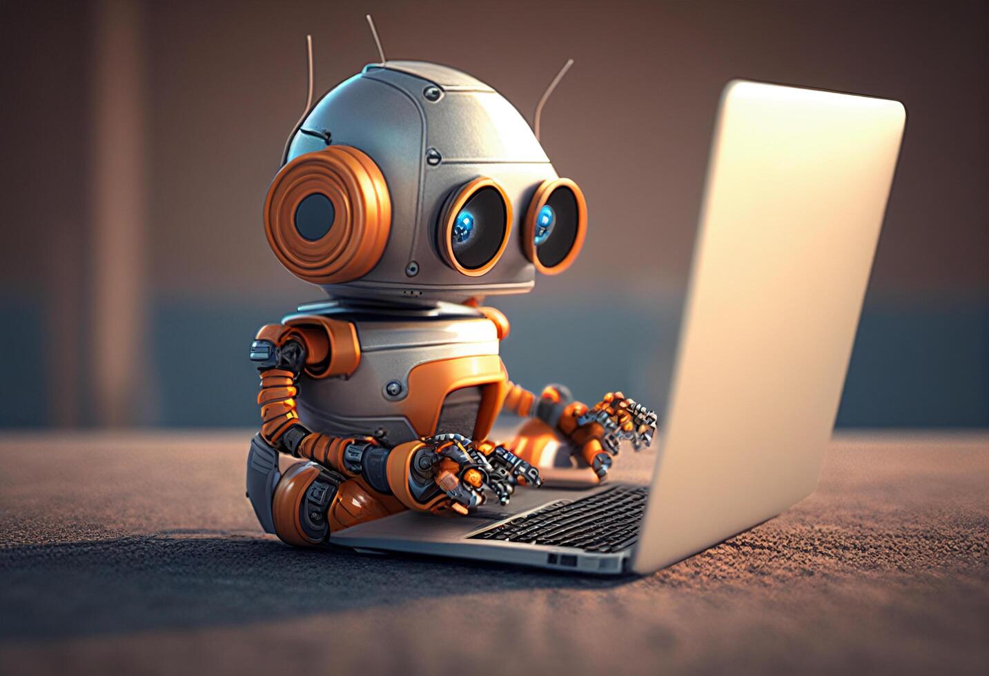 Robot working on laptop computer. Artificial intelligence concept. 3D Rendering photo