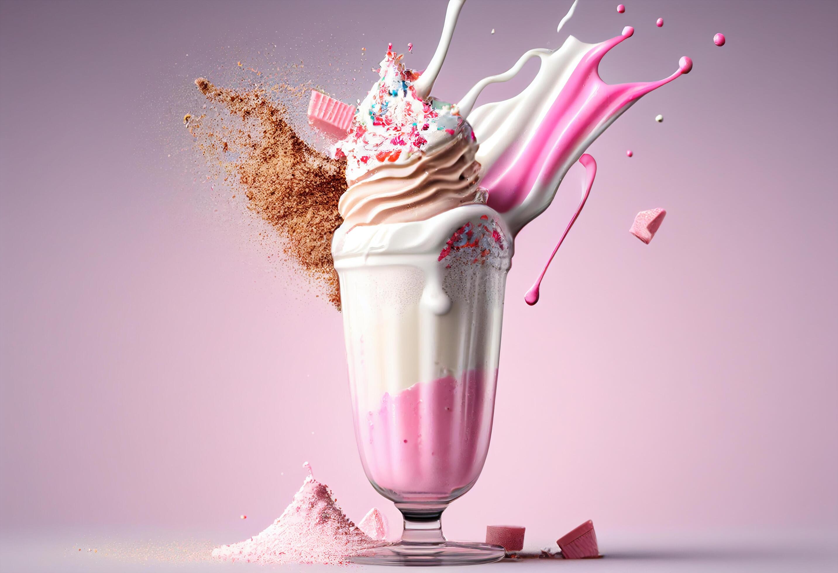Milkshake with whipped cream and pink splash. 3d rendering