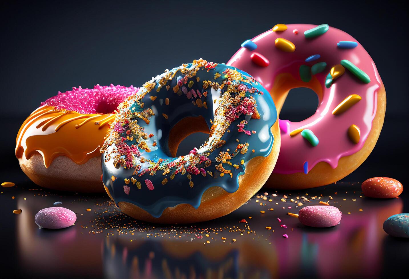 3d render of donuts with chocolate glaze on a plate photo