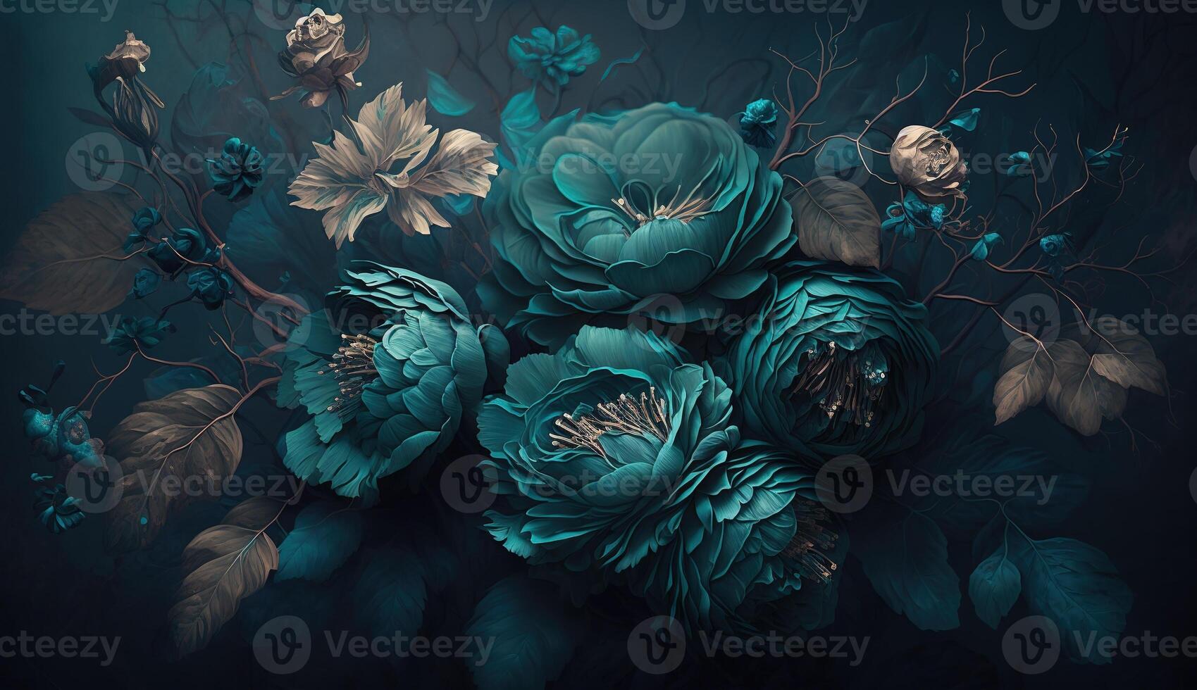 , Close up of blooming flowerbeds of amazing teal flowers on dark moody floral textured background. Photorealistic effect. photo