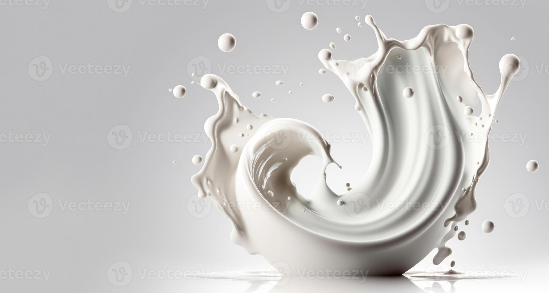 , Flowing liquid with splashes in white color. Glossy cream milk fluid banner, 3D effect, modern macro photorealistic abstract background illustration. photo