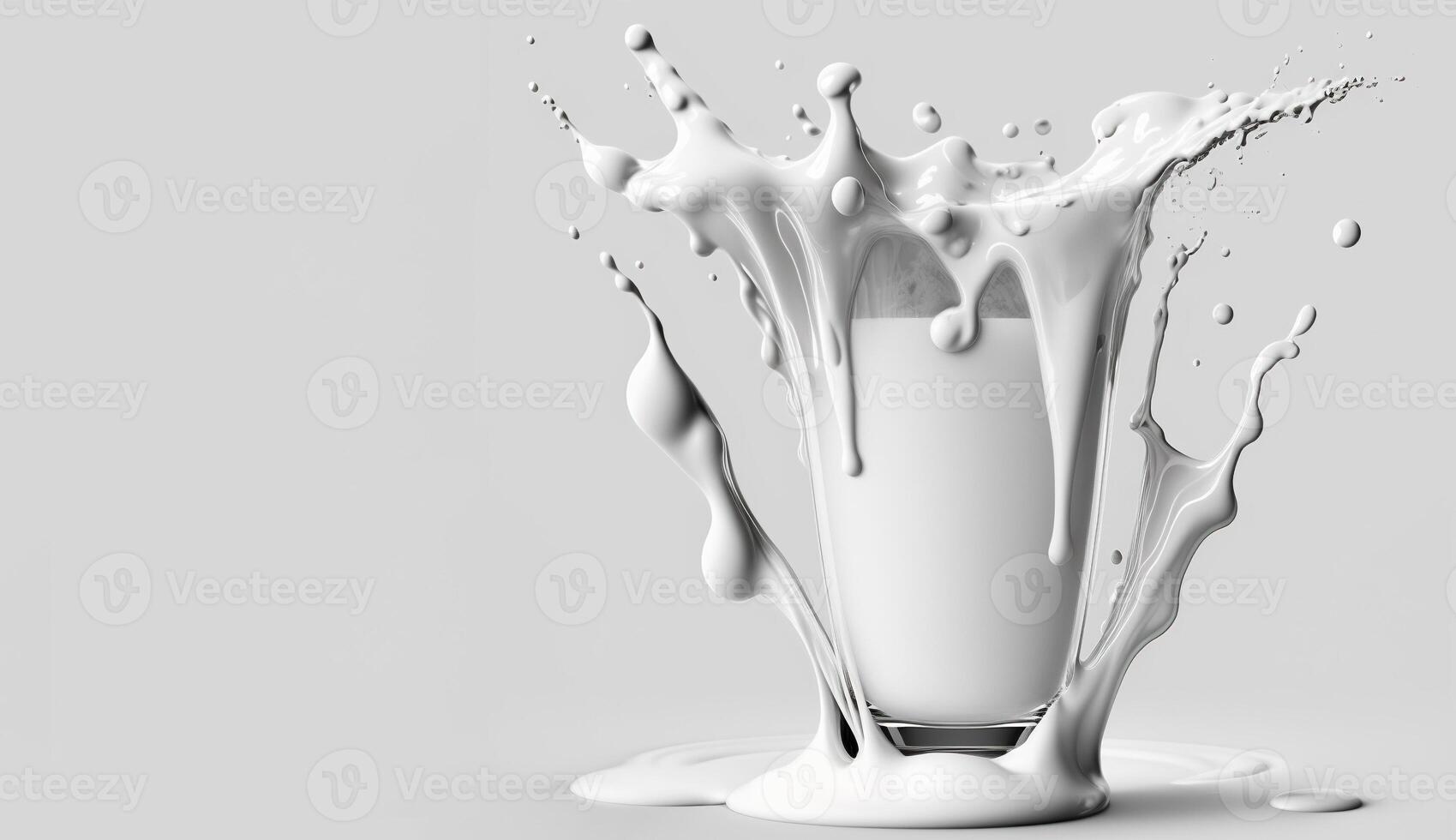 , Flowing liquid with splashes in white color. Glossy cream milk fluid banner, 3D effect, modern macro photorealistic abstract background illustration. photo