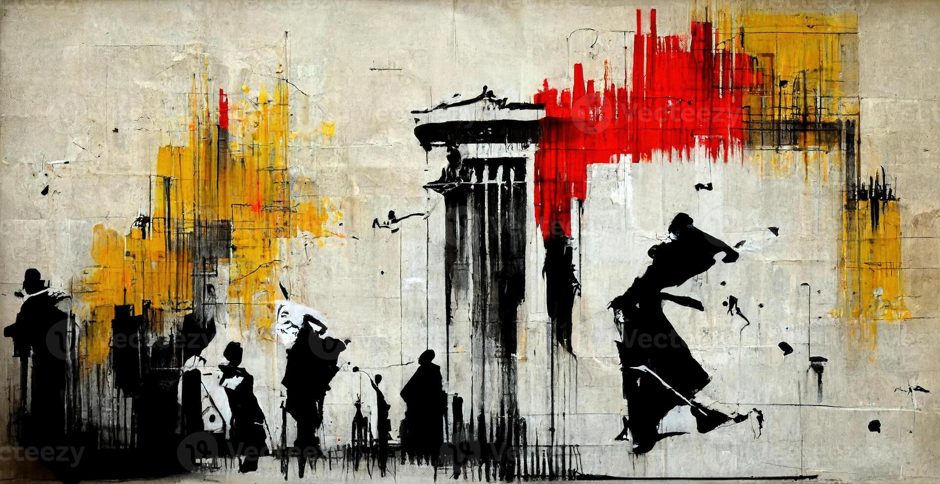 , Ink black street graffiti art on a textured paper vintage background, inspired by Banksy. photo