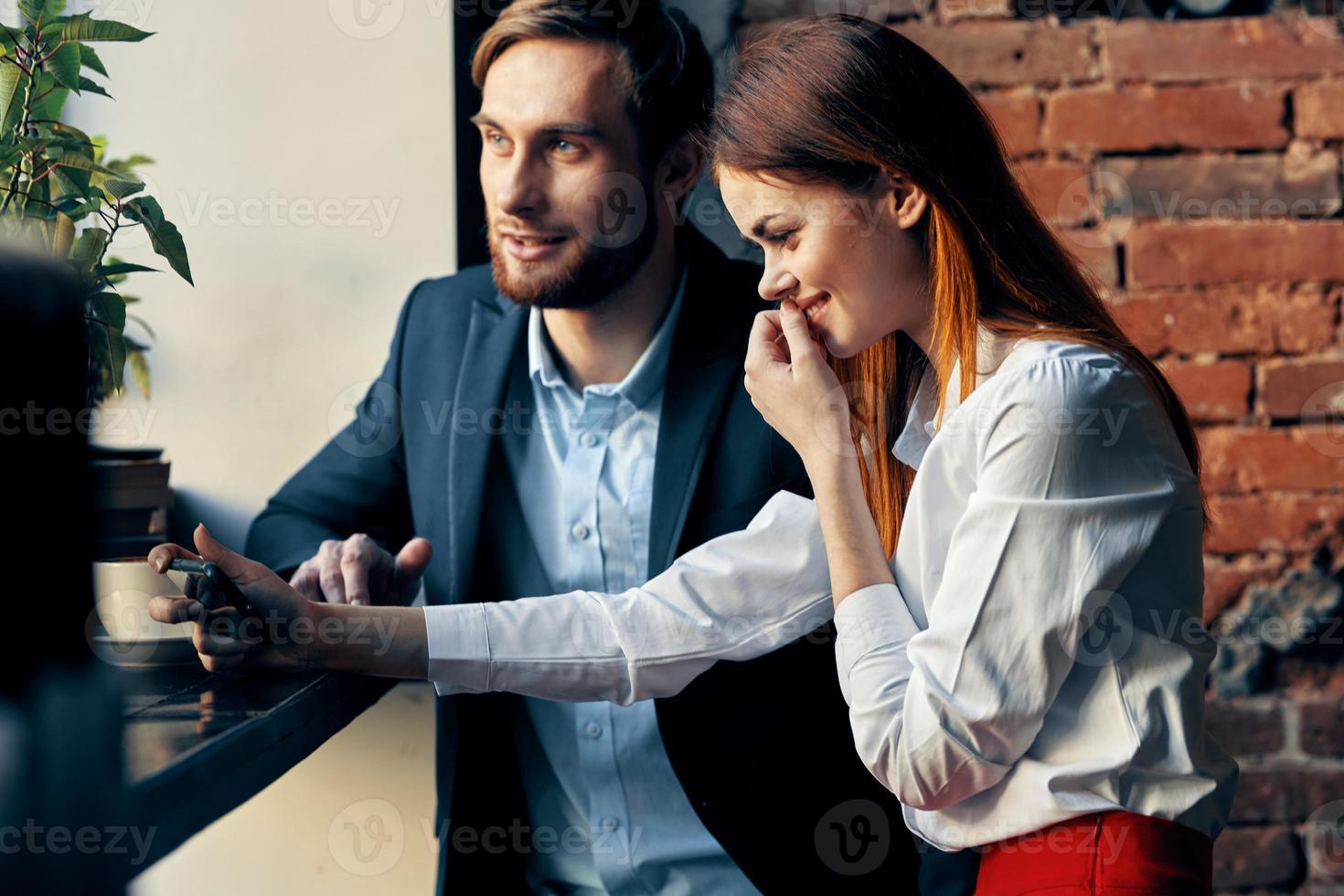 business man and woman socializing in cafe breakfast lifestyle photo