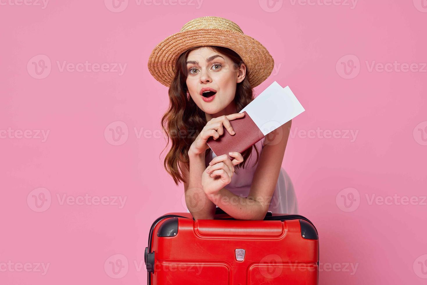woman tourist luggage travel destination plane tickets photo
