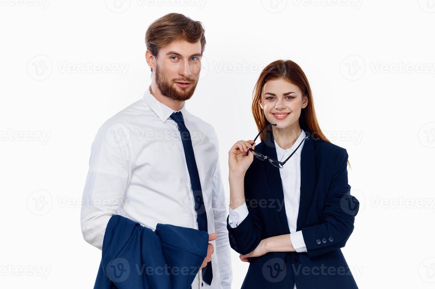 man and woman in suits working office professional photo