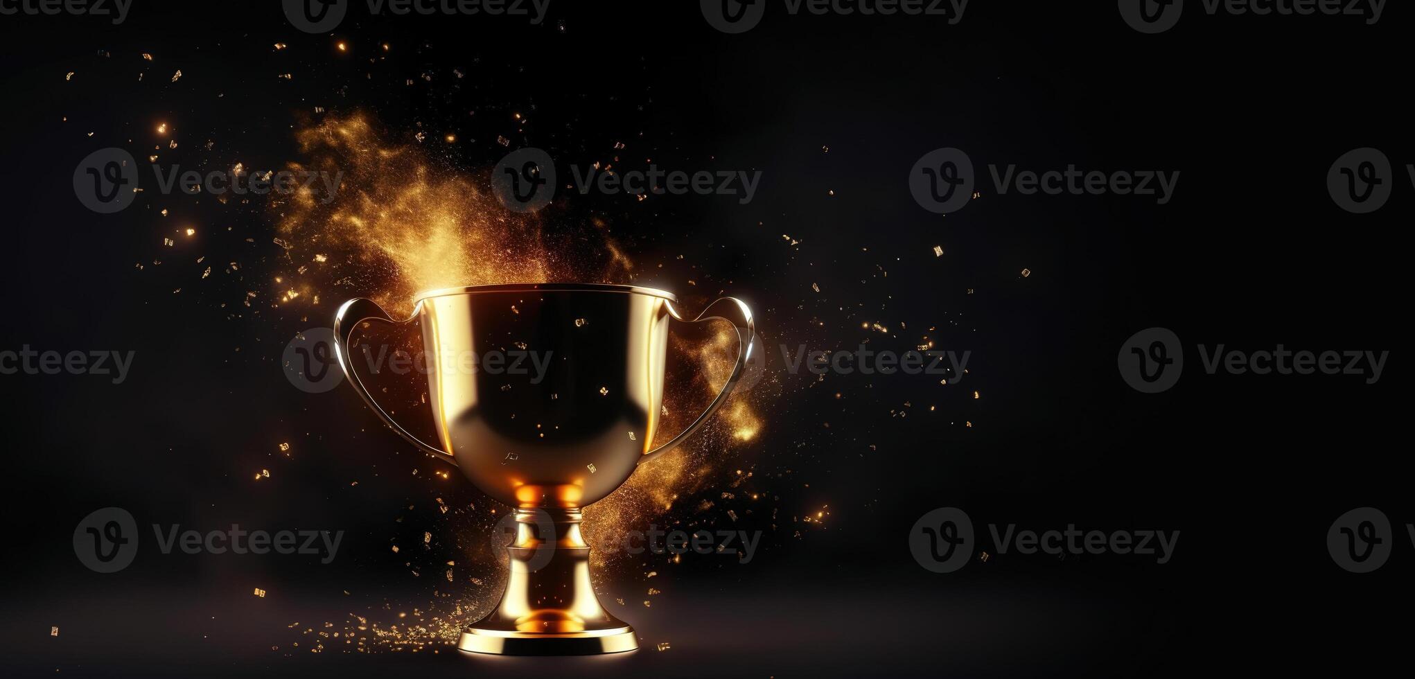 , Winner trophy with flames, golden champion cup with falling confetti on dark background photo