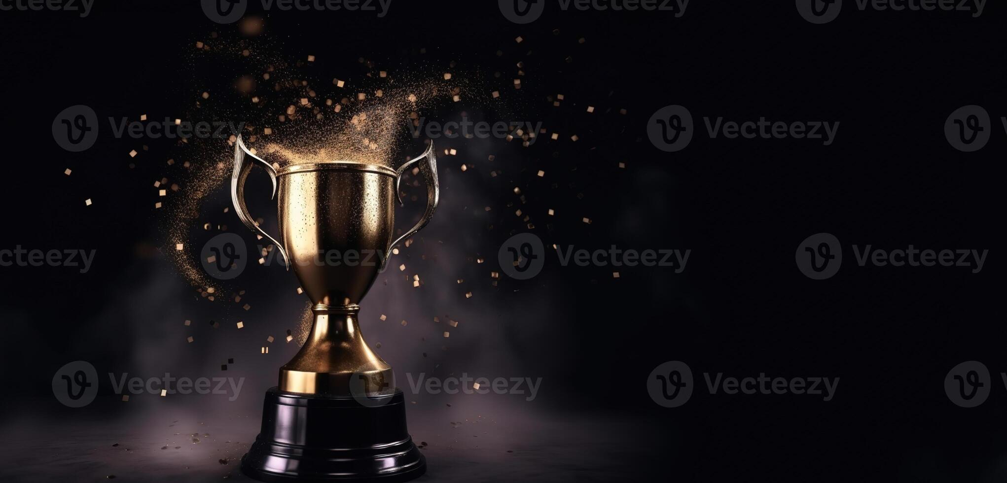 , Winner trophy with flames, golden champion cup with falling confetti on dark background photo