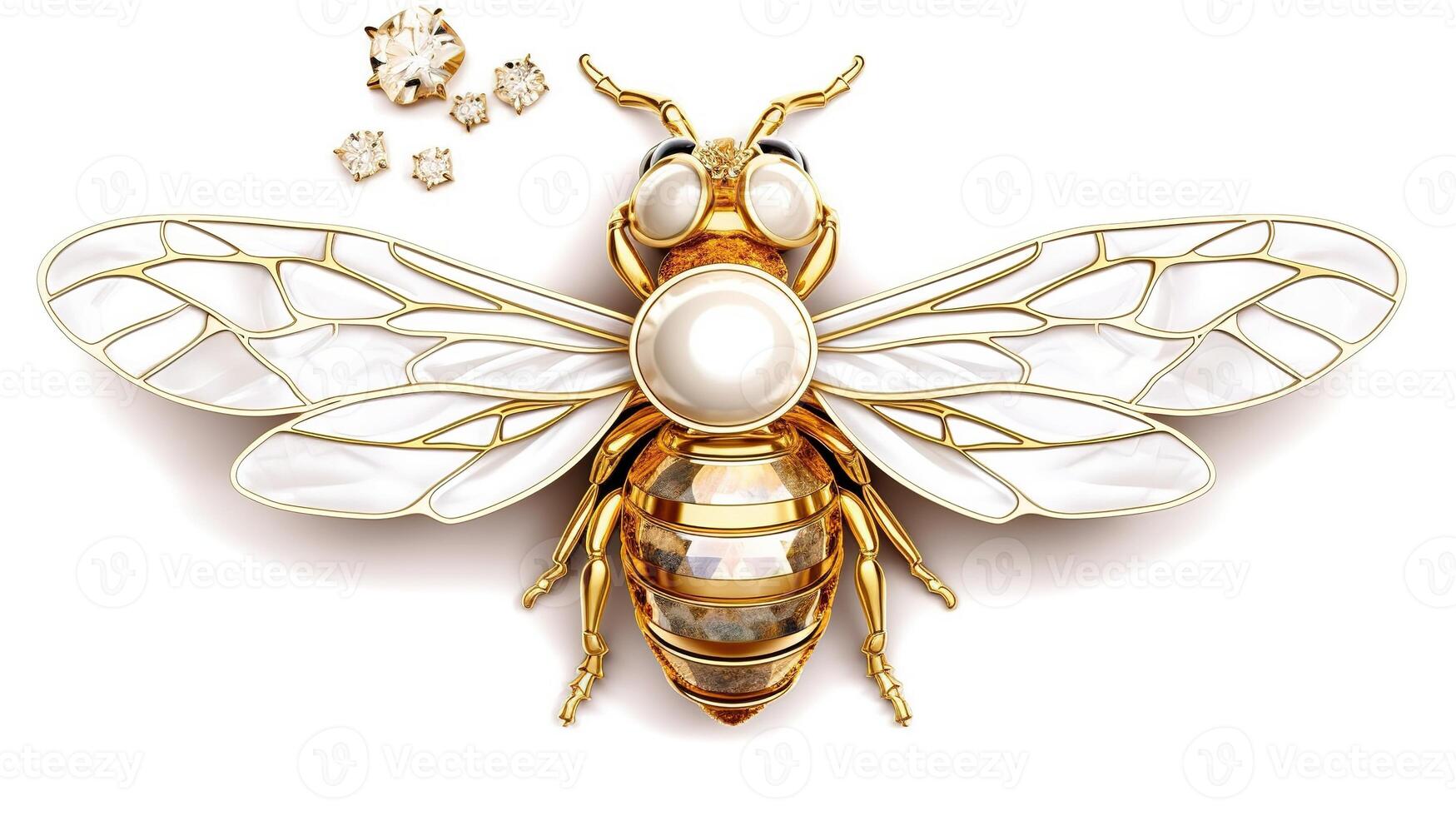 , beautiful honey bee brooch, opal stone and golden color palette isolated on white background. Bijouterie, jewelry close up photo