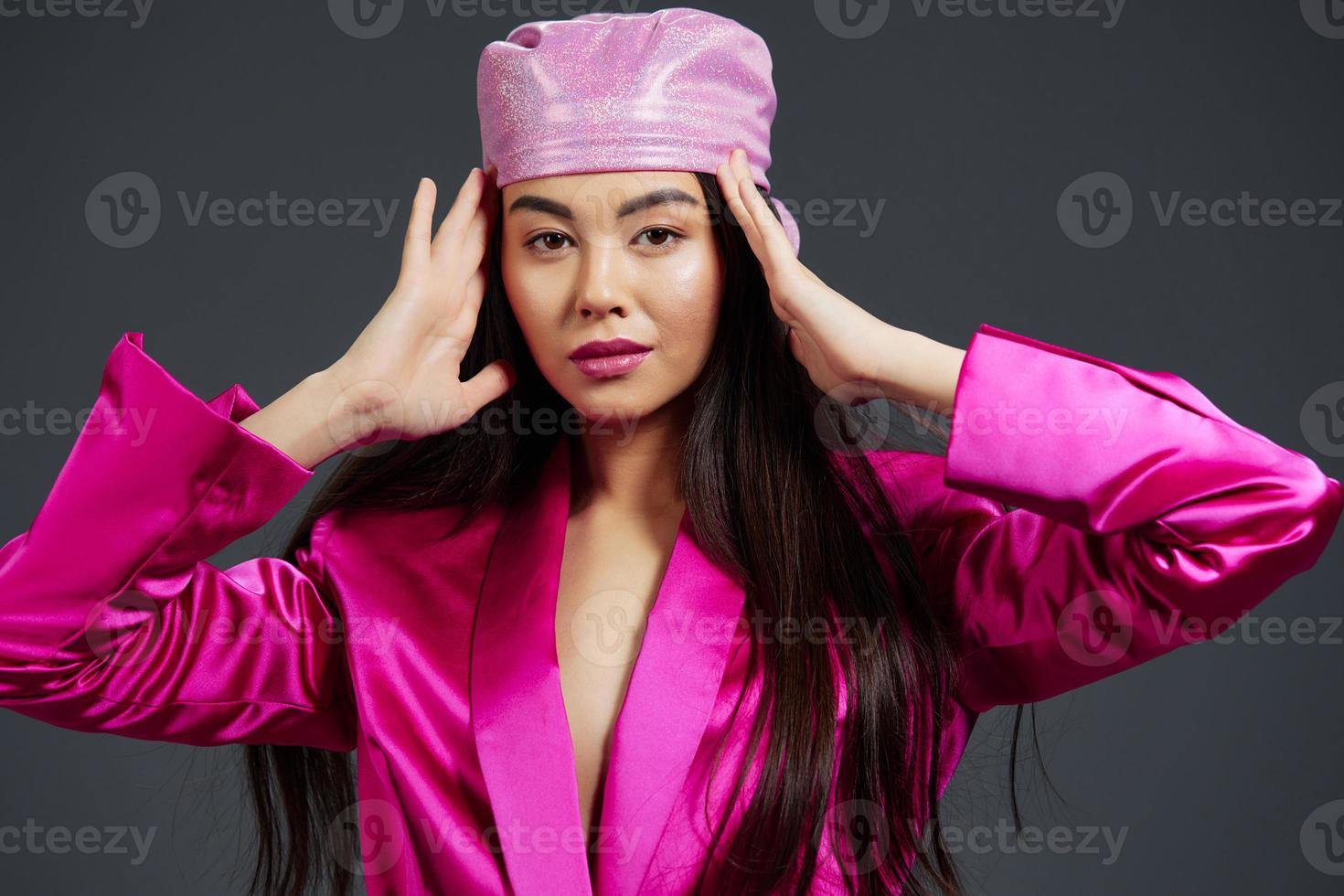 woman bright makeup pink mini dress modern style isolated background photo