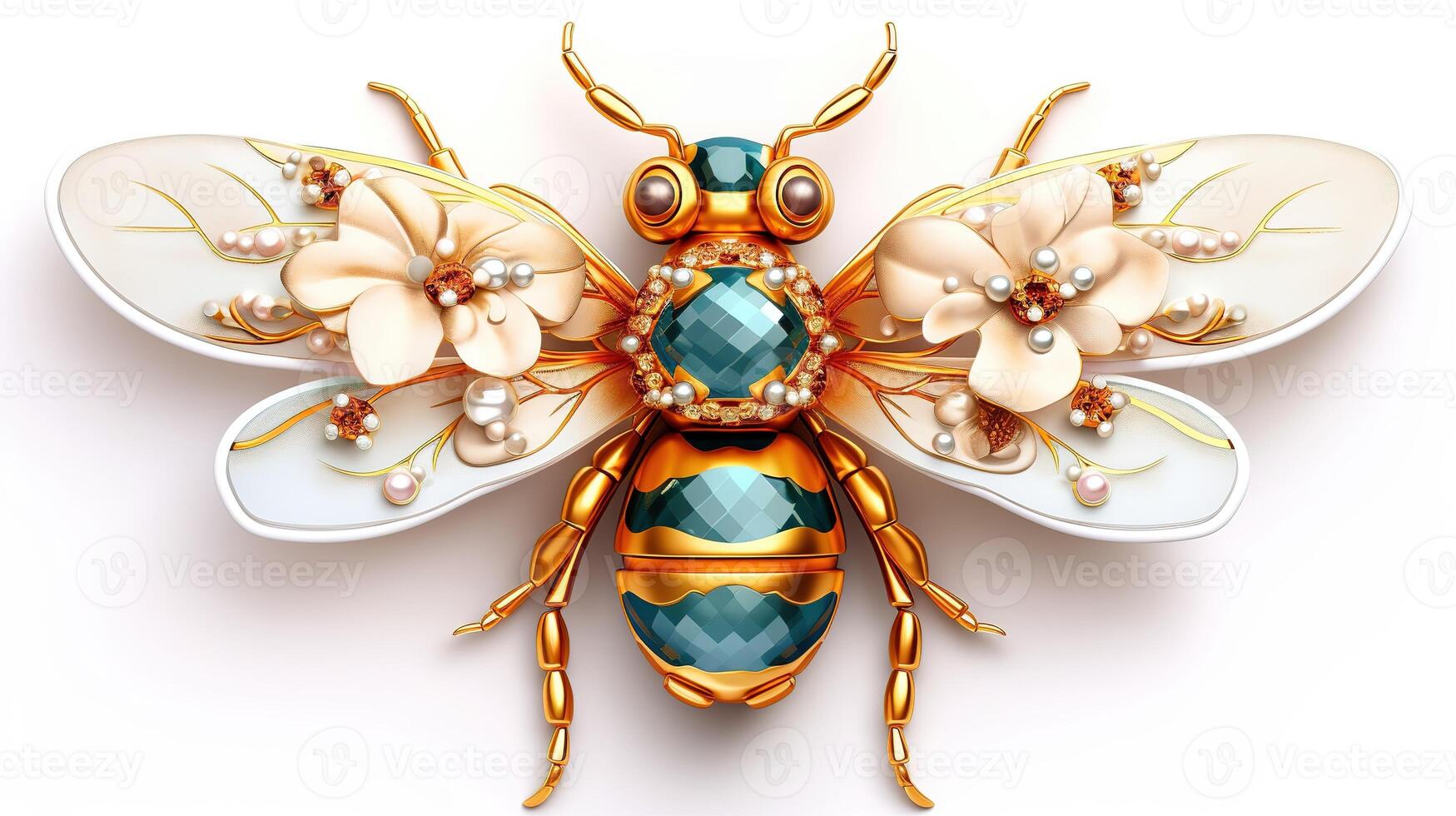 , beautiful honey bee brooch, opal stone and golden color palette isolated on white background. Bijouterie, jewelry close up photo