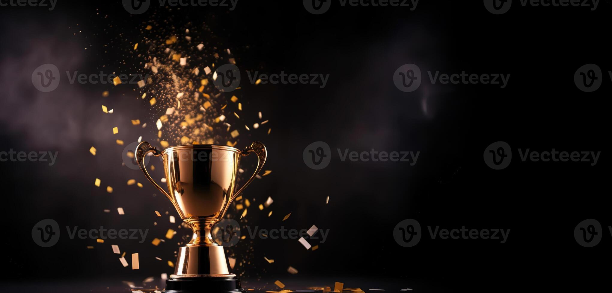 , Winner trophy with flames, golden champion cup with falling confetti on dark background photo