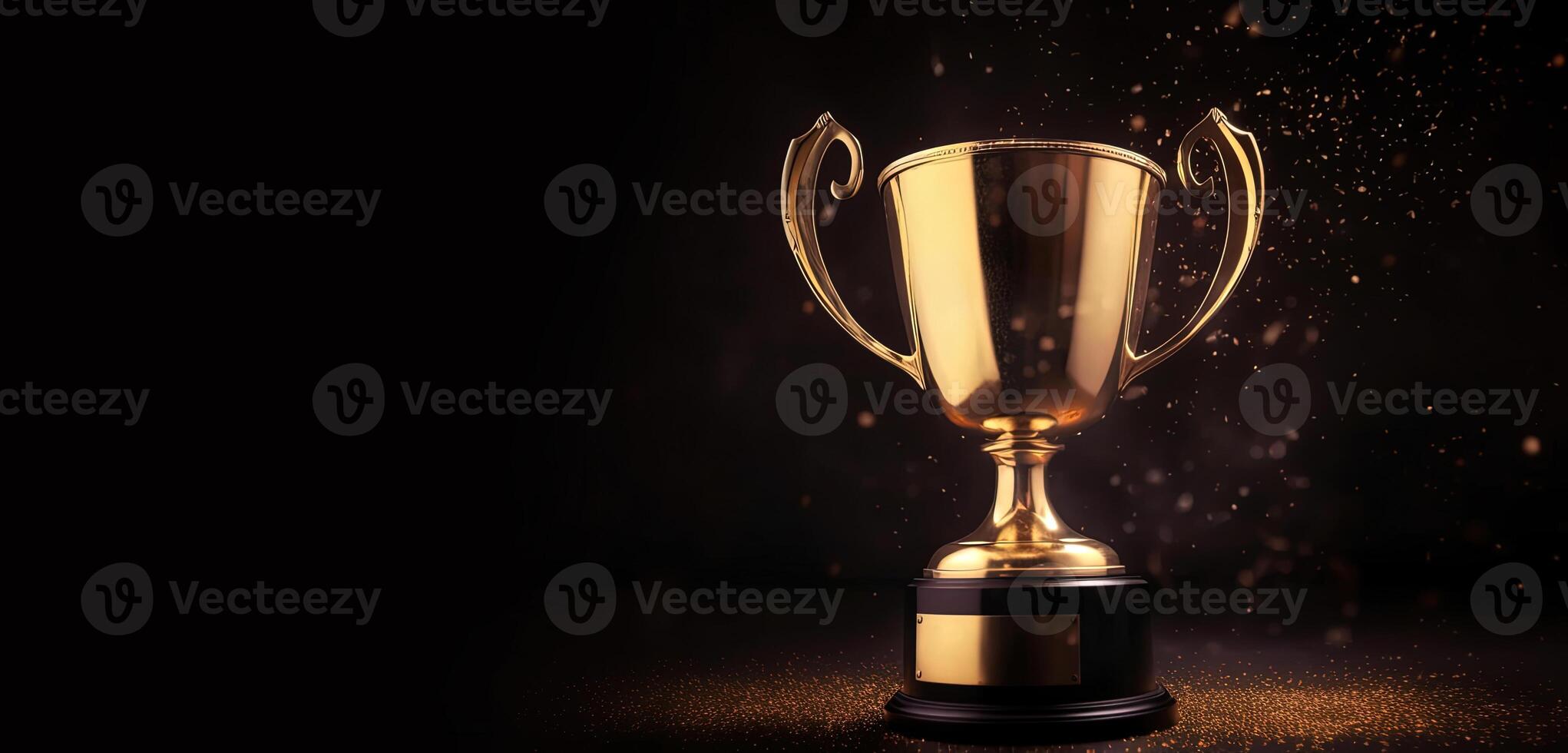 , Winner trophy with flames, golden champion cup with falling confetti on dark background photo