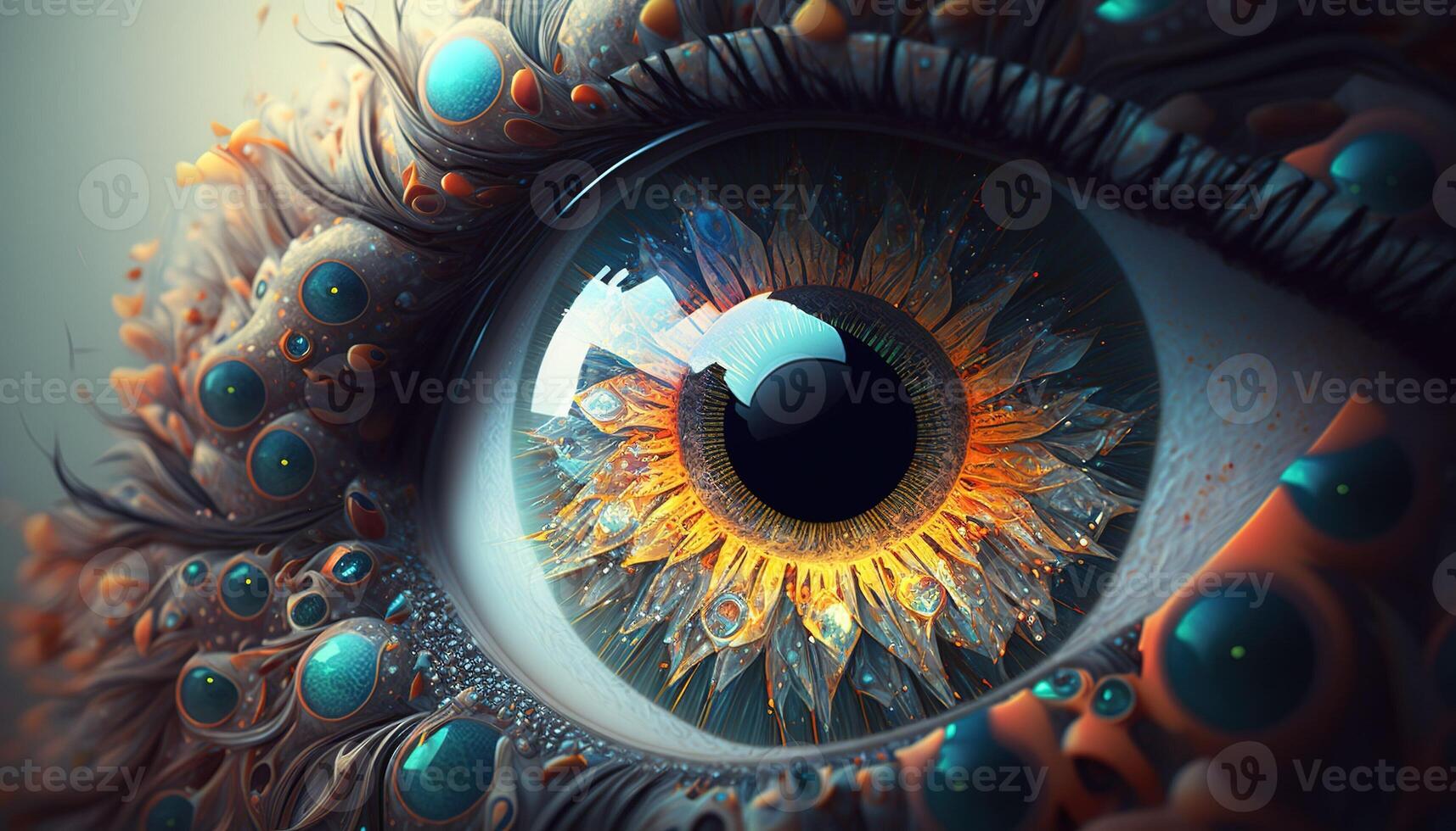 , Macro human open eye with makeup, fantasy photorealistic horizontal illustration. Futuristic fantasy digital art concept. photo