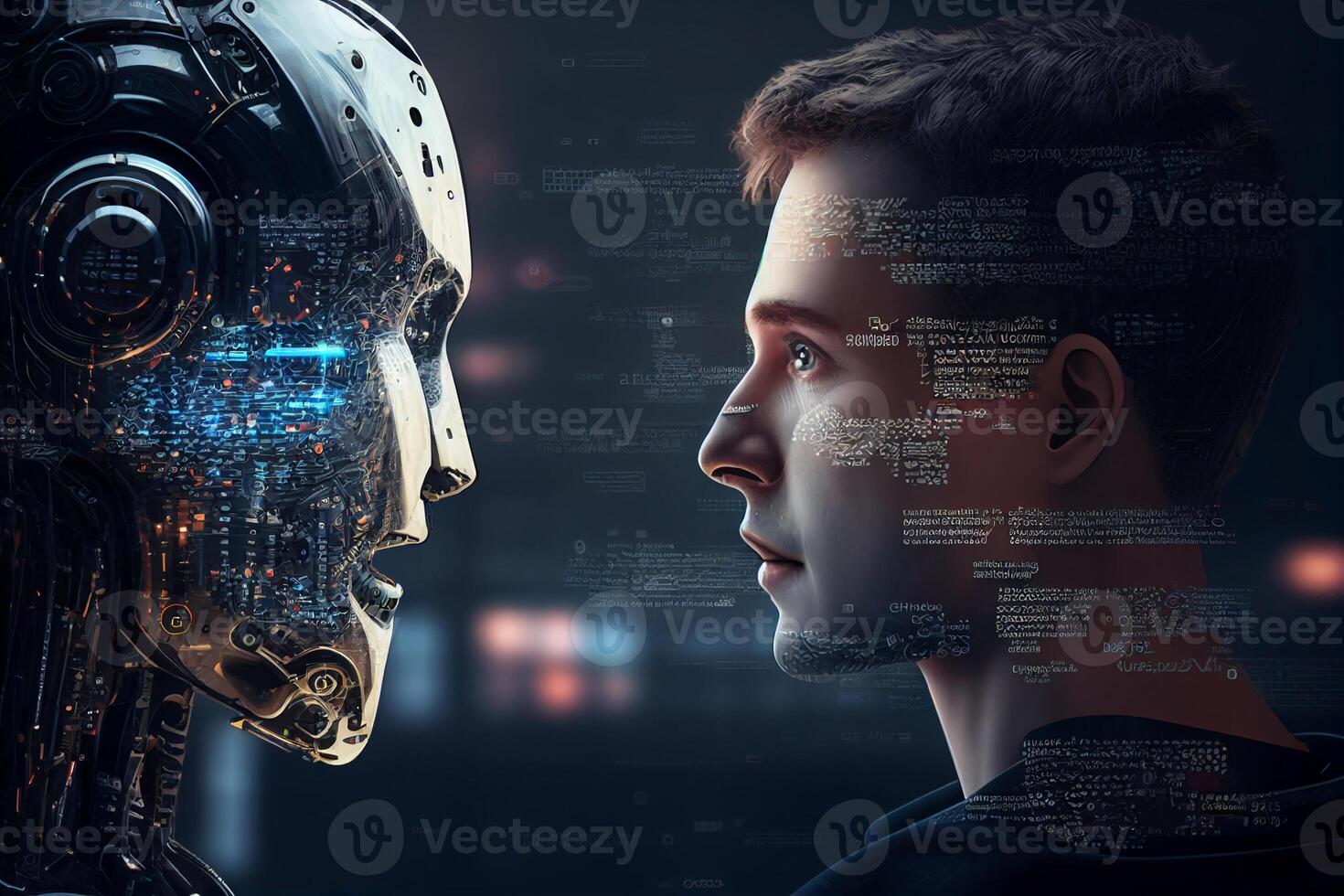 A robot and a man face to face photo