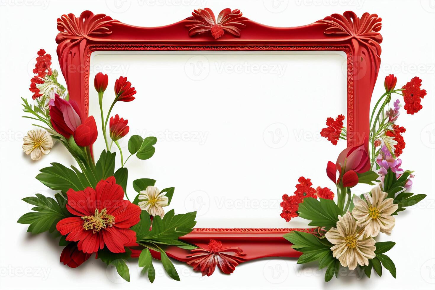 Beautiful floral frame with red flowers and leaves. illustration. photo