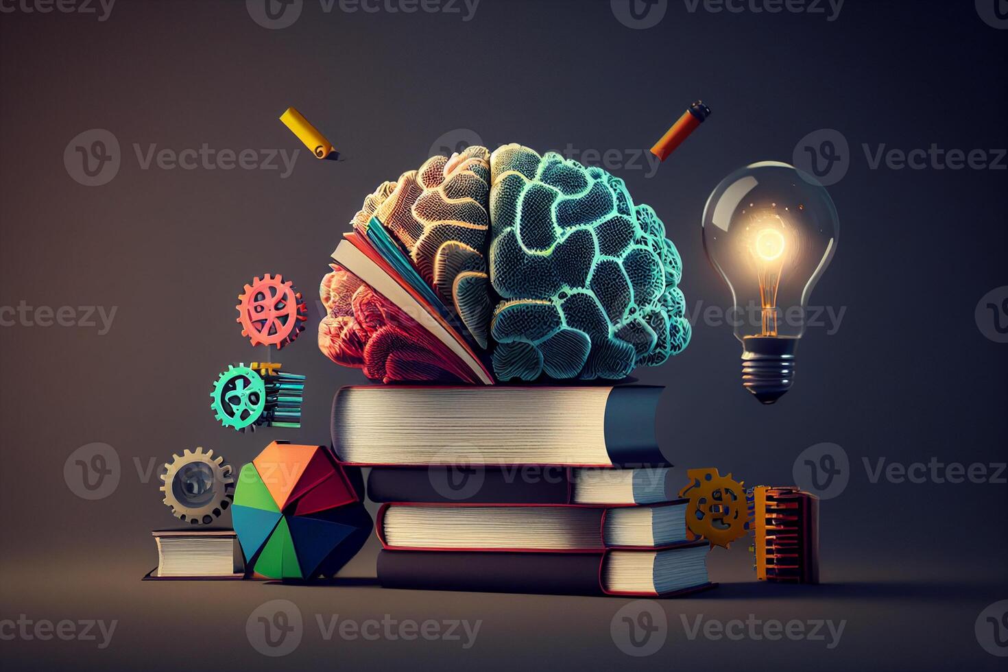 Education concept. Stack of books with brain and gears. 3d illustration photo