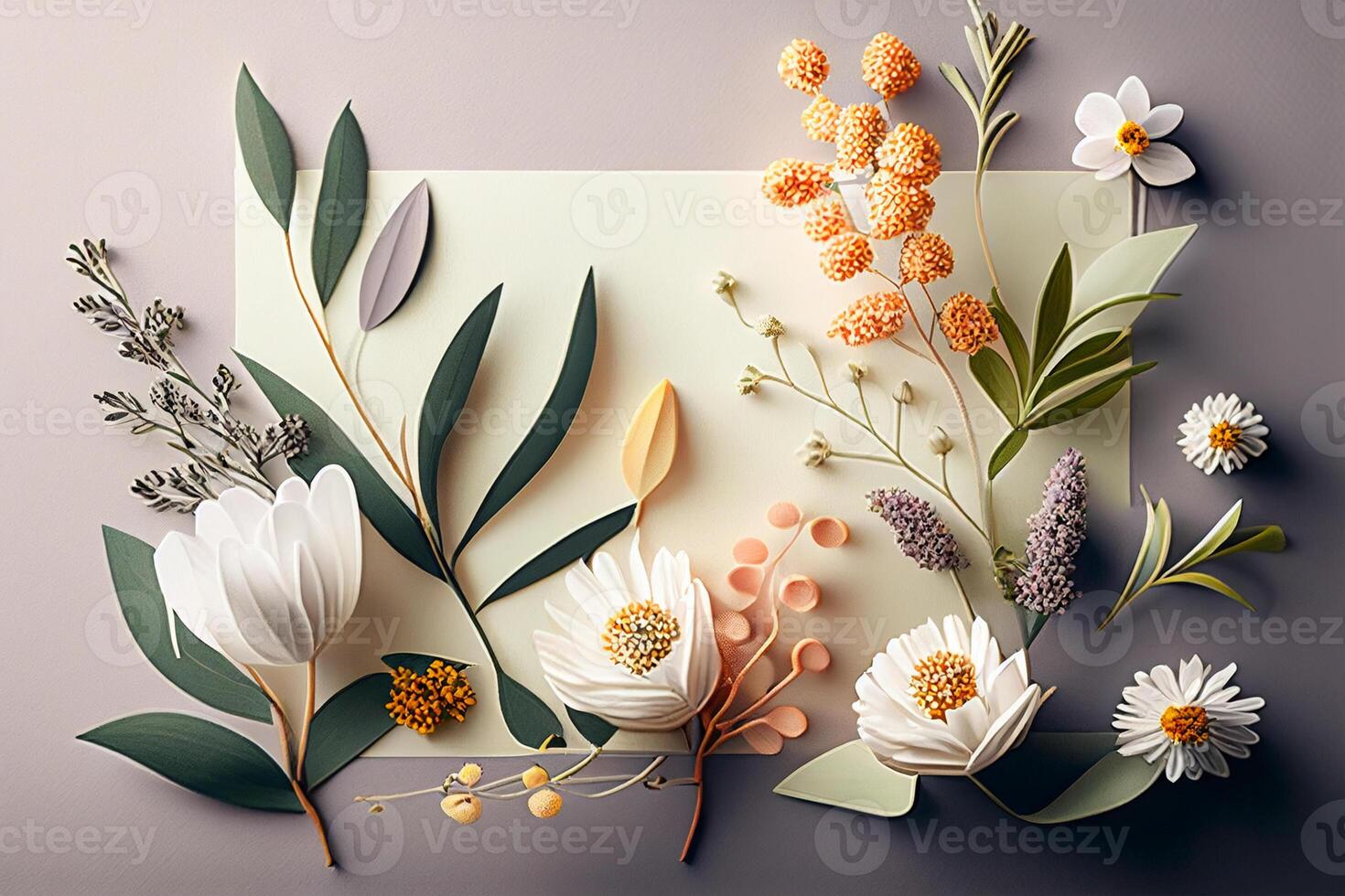 Creative layout made of flowers and leaves on grey background. Flat lay. Nature concept. photo
