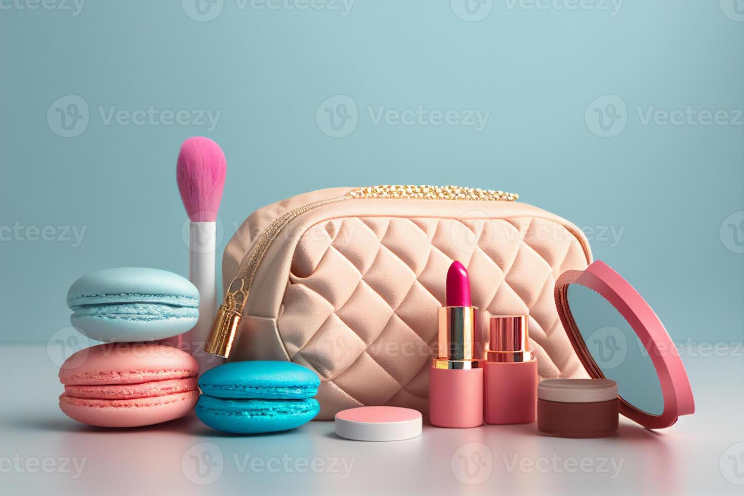 cosmetics and macaroons on a blue background. 3d rendering photo