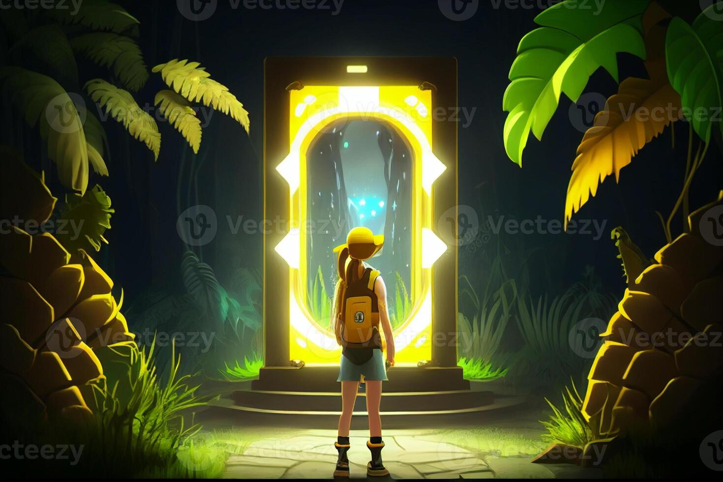 Little girl in a dark forest with a flashlight. 3D rendering photo