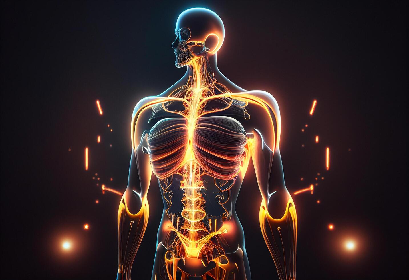 Human body anatomy with highlighted lungs on dark background. 3D Rendering photo