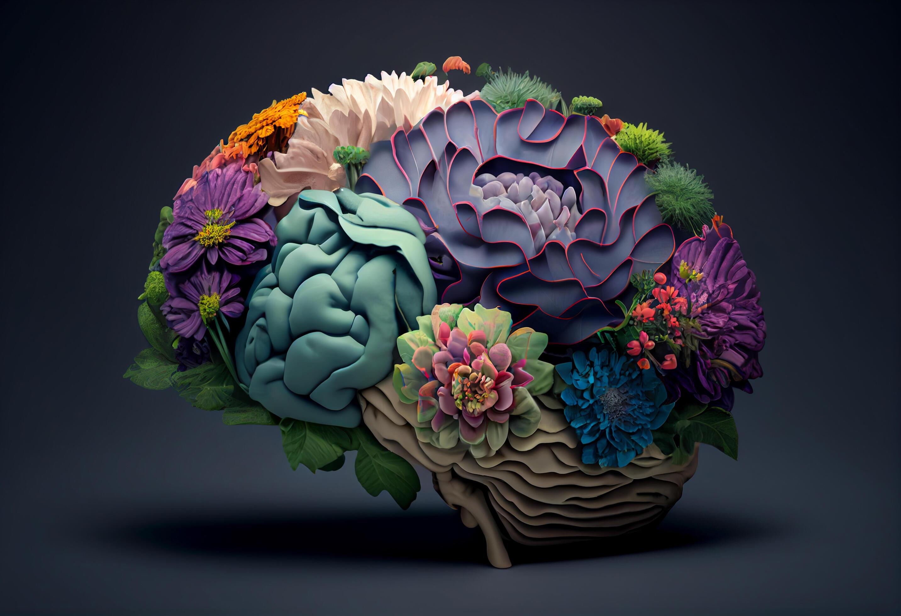 Human brain made of colorful flowers and leaves. 3D illustration