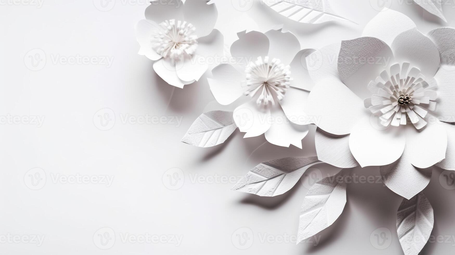 , Paper cut craft flowers and leaves, white color, floral origami textured background, spring mood. Photorealistic effect. photo