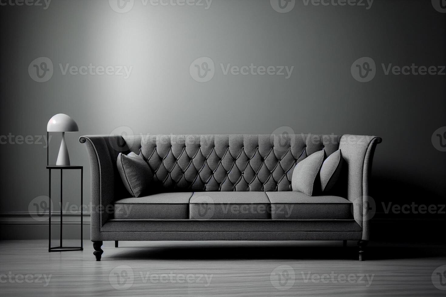 Interior of modern living room with grey sofa and lamp. 3d render photo