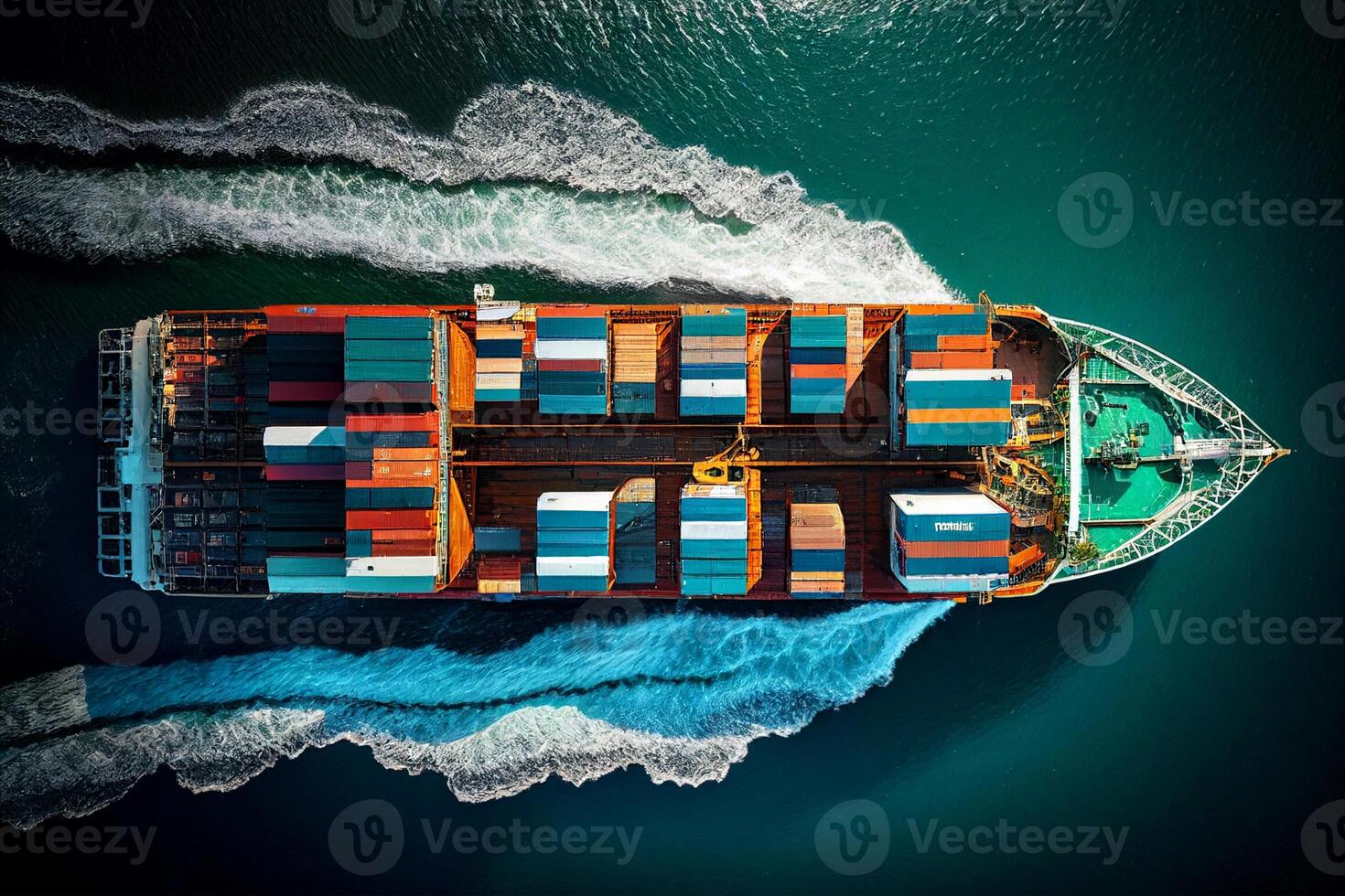 Container ship in the sea. Top view. photo