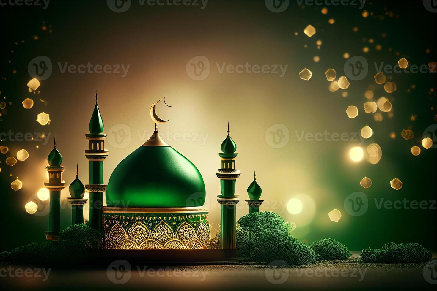 Green Islamic background with mosque, crescent moon and lights illustration. photo