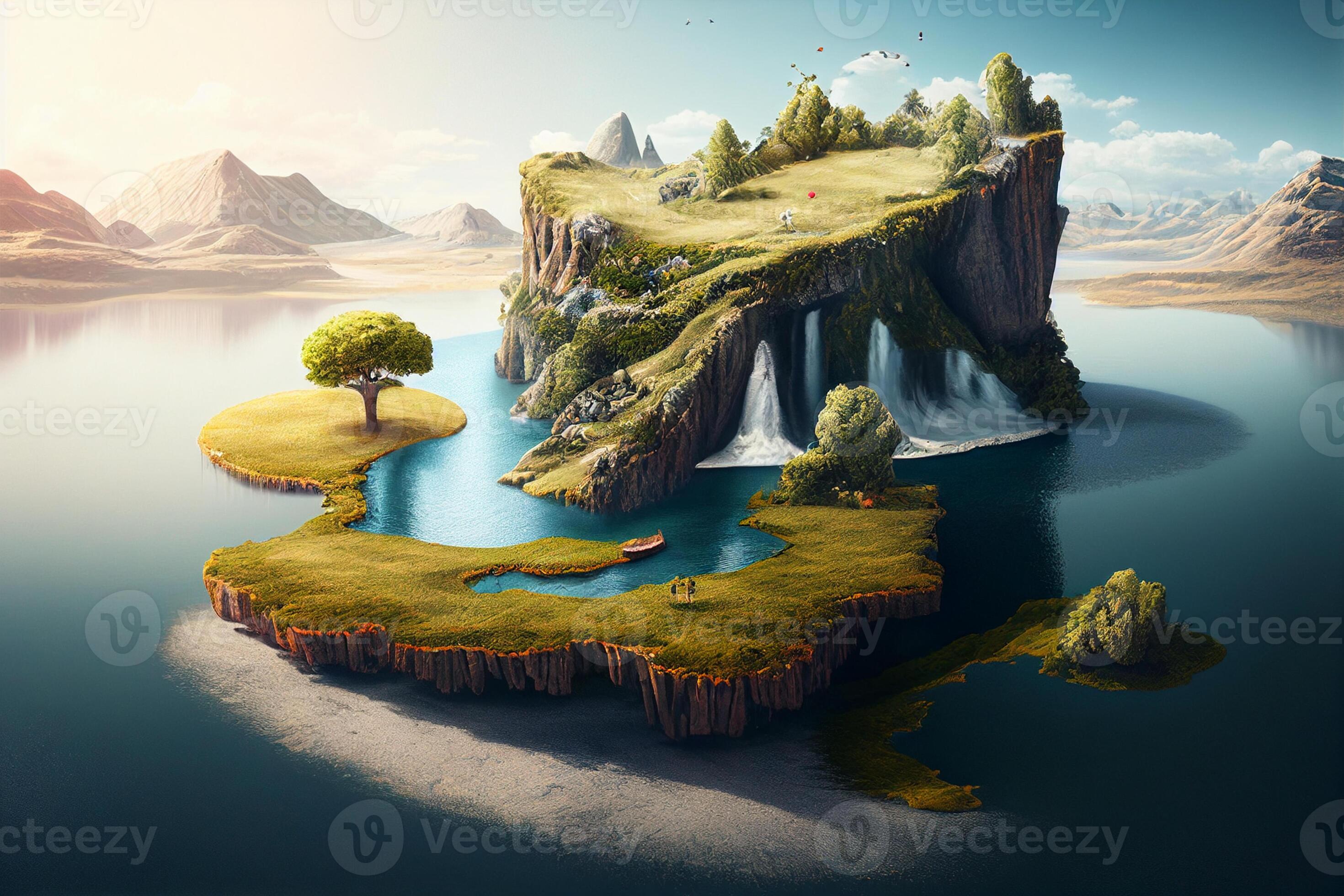 Fantasy island with trees and lake. 3d render illustration