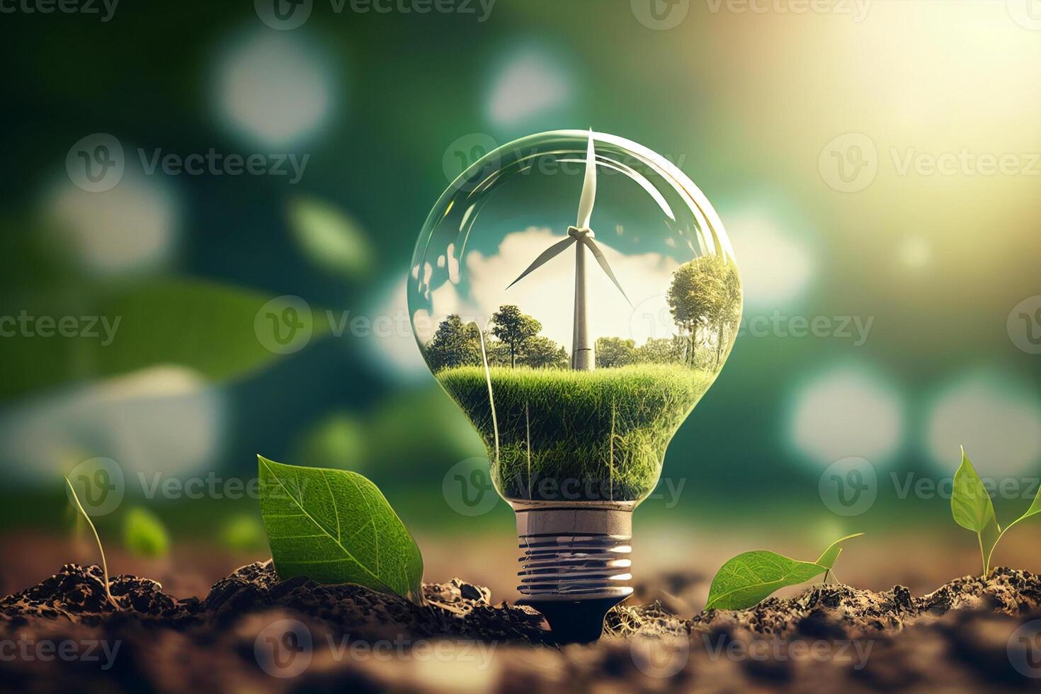 Eco energy concept with wind turbine inside light bulb on green background photo