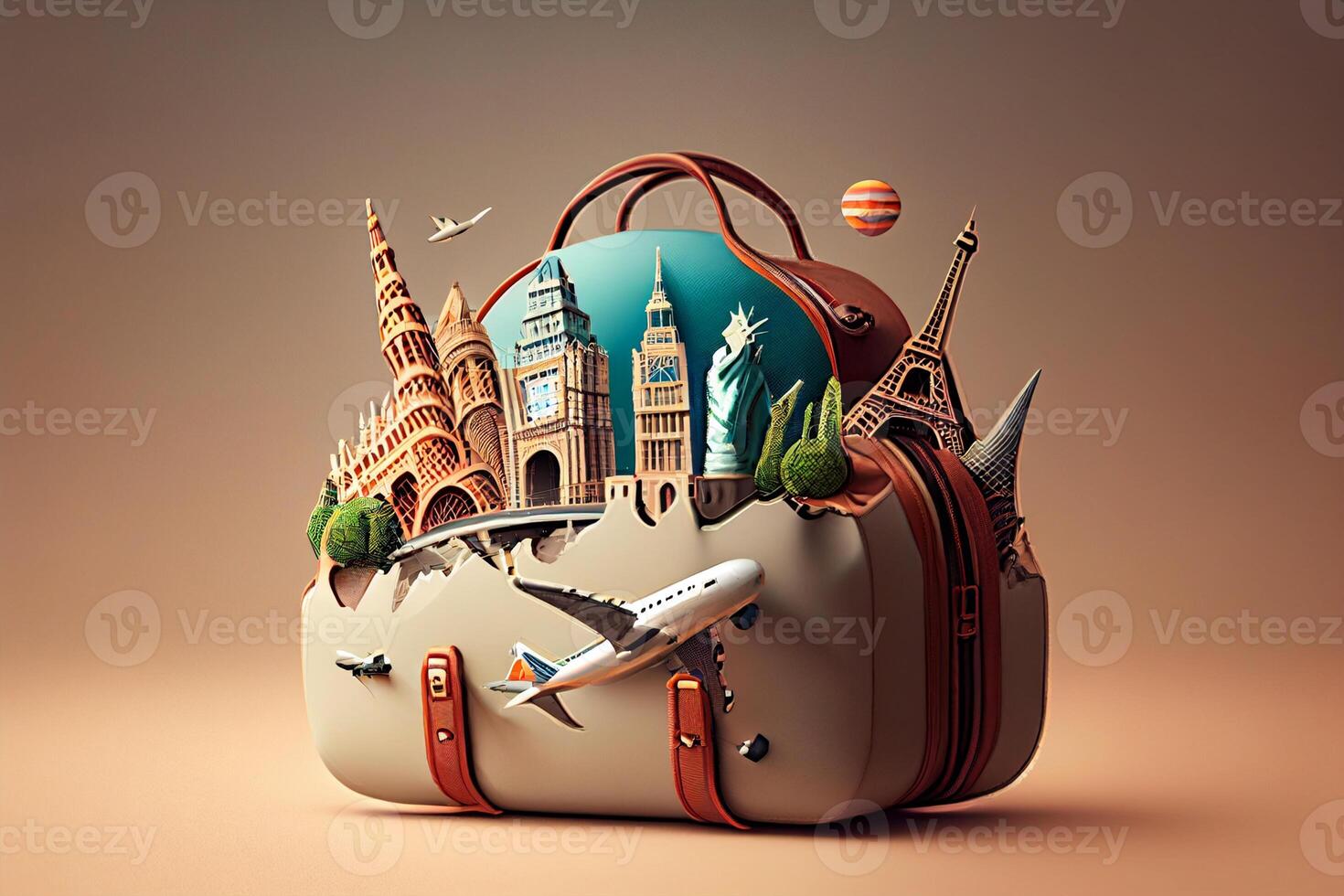 Traveling around the world concept. 3D illustration of a suitcase with a world map, airplane photo