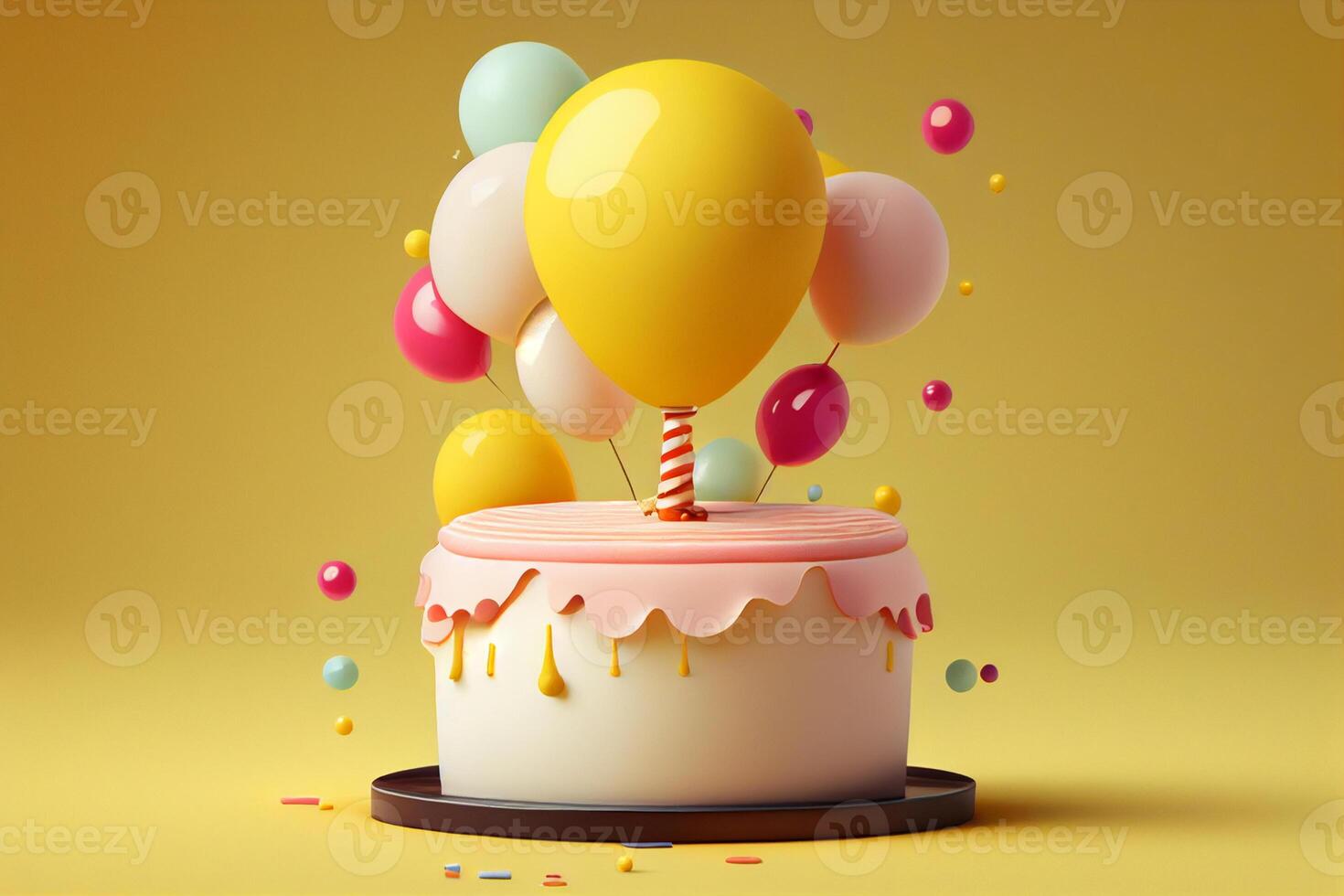 Colorful Birthday cake with balloons 3d illustration. photo