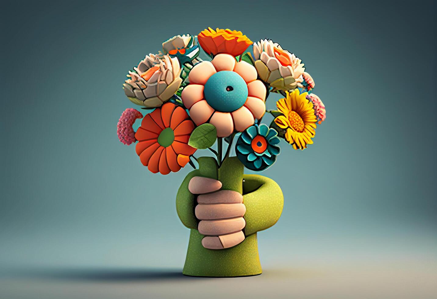 Bouquet of flowers in a hand as a gift. 3D rendering photo