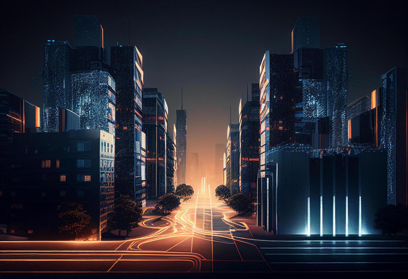 Cityscape and road with light trails at night. 3d rendering photo